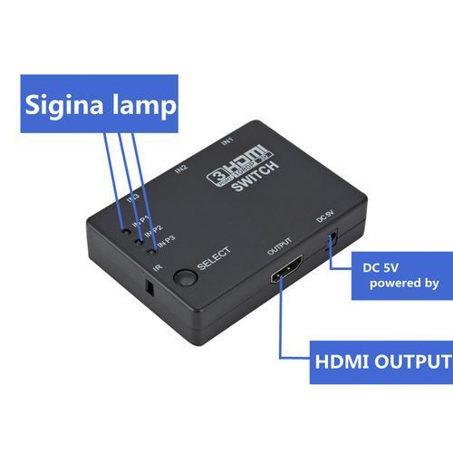 HDMI Splitter 3 In 1 Out Switcher 3 Port Hub Box Auto Switch 3x1 1080p HD 1.4 With Remote Control - Black