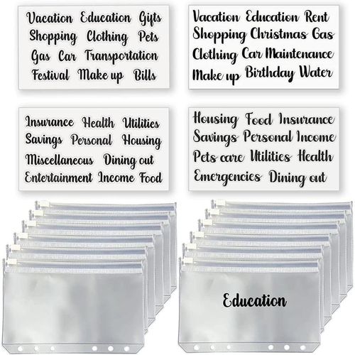 57 Pieces Cash Envelopes Labels A6 Binder Pockets Zipper for Budgeting Clear Adhesive Labels for Money Saving