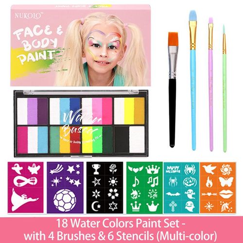 Professional Face Split Cakes with 4 Brush & 4 Stencils &Non Toxic Water Activated Face and Body Painting Makeup for Cosplay