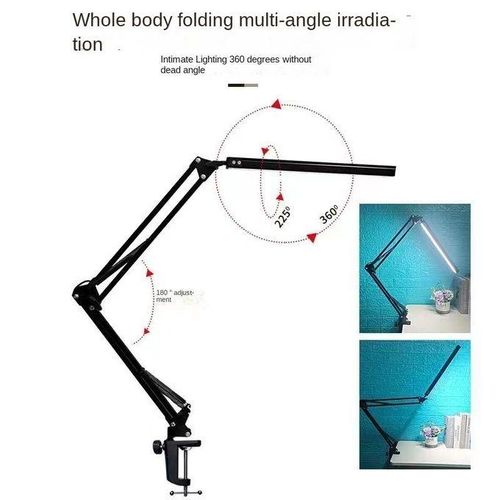 Long arm folding desk lamp with ultra bright LED tube USB socket and three types of light adjustment