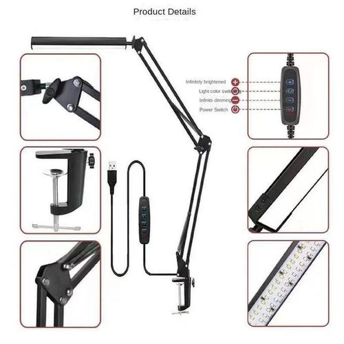 Long arm folding desk lamp with ultra bright LED tube USB socket and three types of light adjustment