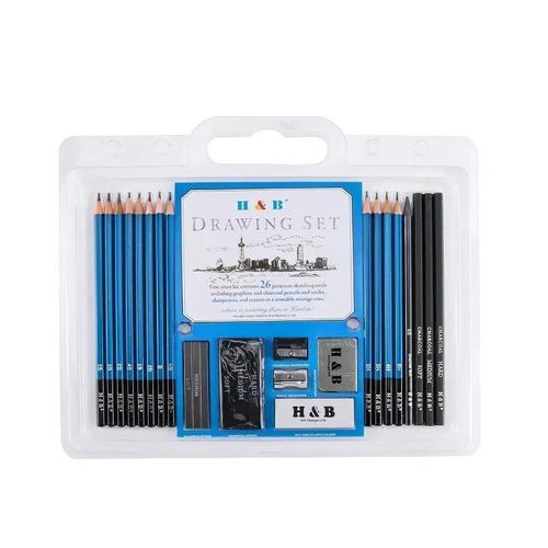 H& B 26 Pcs Sketch Pencil Set Kit Drawing Charcoal Graphite Pen Art Supplies for School Student Price