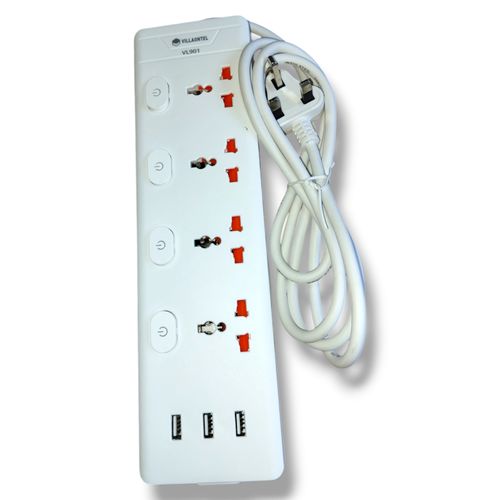 VILLAON Original 4Way Heavy Duty 2Metre Multifunction Extension Cable Socket with 3 USB Ports and LED Lights- White