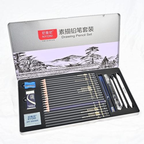 29Pcs NYONI Sketching Pencils Set Including Graphite Pencils,Charcoal Pencils,Blending Stumps and Tools In Drawing Tin Box