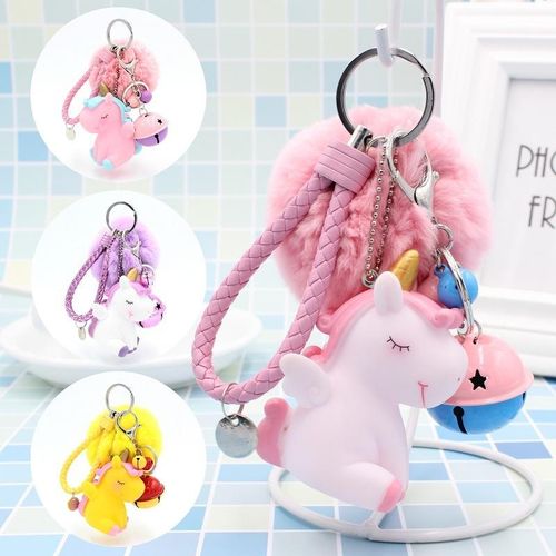 Pink Unicorn Hair Ball Keychain Ladies Bag Pendant Keychain Plush Ball Fluffy Artificial Rabbit Hair Keychain Girl Key Pendant