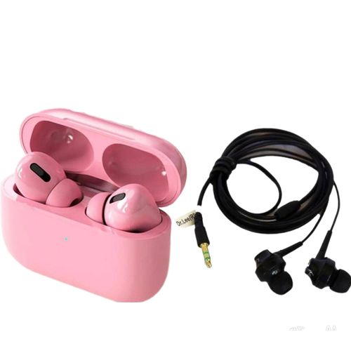 Airpods Pro TWS Checked Earpods With Free Dr Lee Wired Earphones (NON STOP MUSIC) - Pink