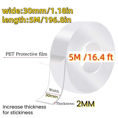 5M*5CM*2MM Double Sided Tape Heavy Duty, Extra Large Nano Double Sided Adhesive Tape, Clear Mounting Tape Picture Hanging Adhesive Strips,Removable Wall Tape Sticky Poster Tape Decor Carpet Tape