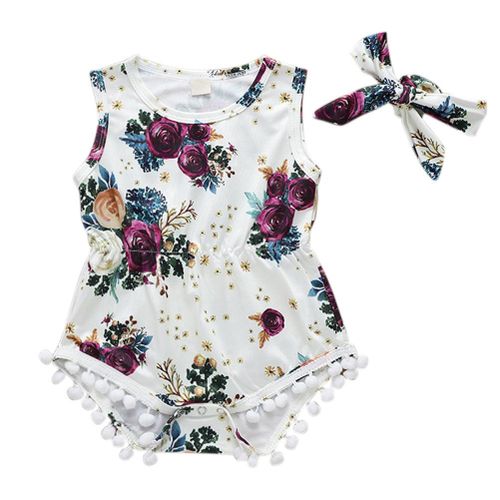 Kids Girls Rose Print Jumpsuit Sleeveless Round Neck Tassels Hem Playsuit with Headband New,80cm NO5116