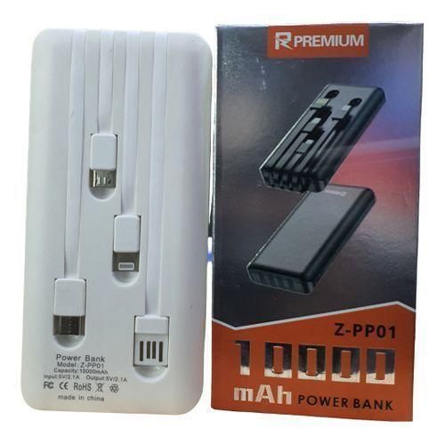 Premium Accessories 10000mAh Portable Multi-Cable Power Bank - black/White/Black