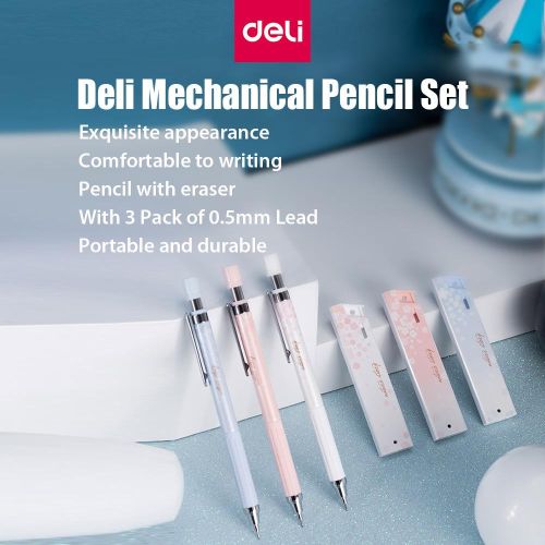 Deli Mechanical Pencil Set Automatic Drafting Pencil Includes 3 Pencils/3 Pack 0.5mm Lead Refills Drawing Pencil Refillable for Drafting/Sketching/Illustrations/Architecture 3-Count NO5116