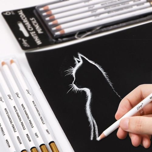 6pcs Portable Pro Artist White Charcoal Pencils Set Great for Drawing Sketching Shading on Dark Papers Colored Cardboard