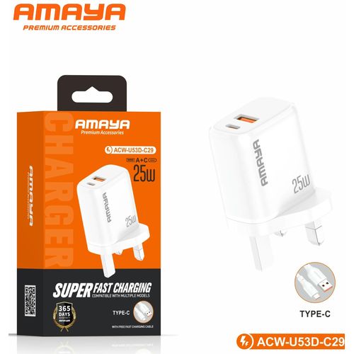 Amaya 2 in 1 (type c super fast charger) ACW-U53D-C29 PD25W+ QC3.0A +C2in1 British standard charger with Type-C cable