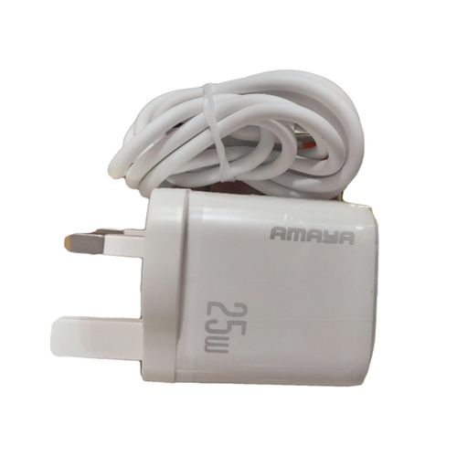 Amaya 2 in 1 (type c super fast charger) ACW-U53D-C29 PD25W+ QC3.0A +C2in1 British standard charger with Type-C cable