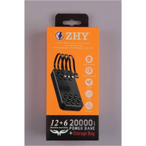 Zhy 20,000mAh Power Bank With Four Useful Cables And Two Ports-Black