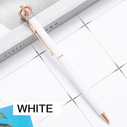 1PC Premium Metal Ballpoint Pen with Crown Diamond Nibs and Pen Clip Design Black Ink Medium Point 1.0mm for School, Gifts, Cute Kids White