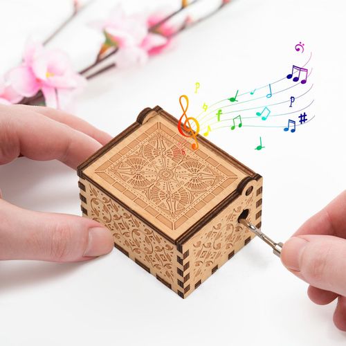 Vintage Wooden Music Box Palm-size Hand Crank Wood Case Musicbox Beautiful Carved Wooden Musical Gadget with Melody You are My Sunshine for Mum Dad Wife Husband Christmas Birthday Gift