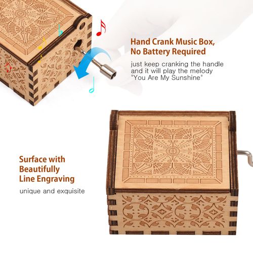 Vintage Wooden Music Box Palm-size Hand Crank Wood Case Musicbox Beautiful Carved Wooden Musical Gadget with Melody You are My Sunshine for Mum Dad Wife Husband Christmas Birthday Gift