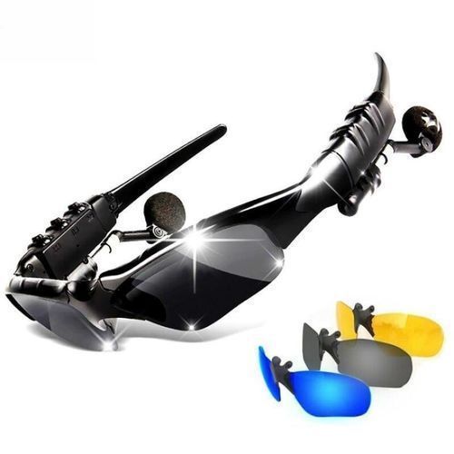 New Style Sport Stereo Wireless Bluetooth Headset 3 Colorful Sun Lens Earphones Sunglasses _ Black)