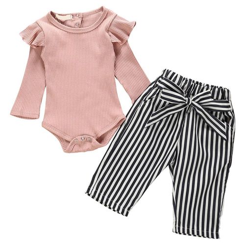 Girls Cotton Jumpsuit with Flying Sleeves Long Sleeves Black Striped Belt Trousers New,70 NO5114