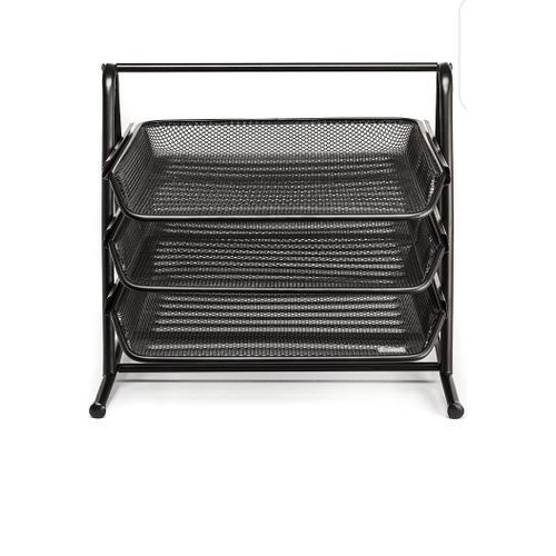 3 Tier Document Tray File Desk Organizer With Mesh Metal - Black
