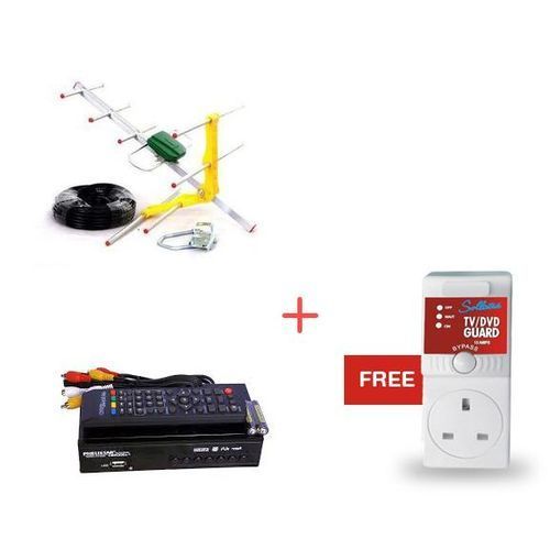 Phelistar Pack of Free to Air Decoder+Antenna+Free TV Guard-Black/ Silver