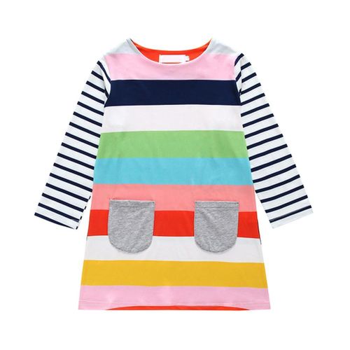 Toddler Girls Colorful Striped Dress with Long Sleeve Round Neck and Pouch New,90cm NO5119