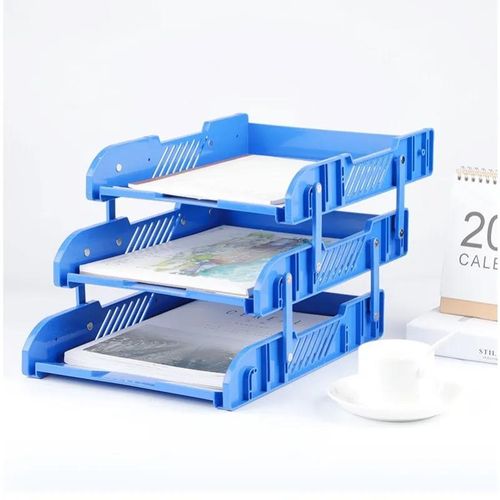 3 Tier Plastic Papers Documents Filing Tray For Organizing Office Desk-Blue