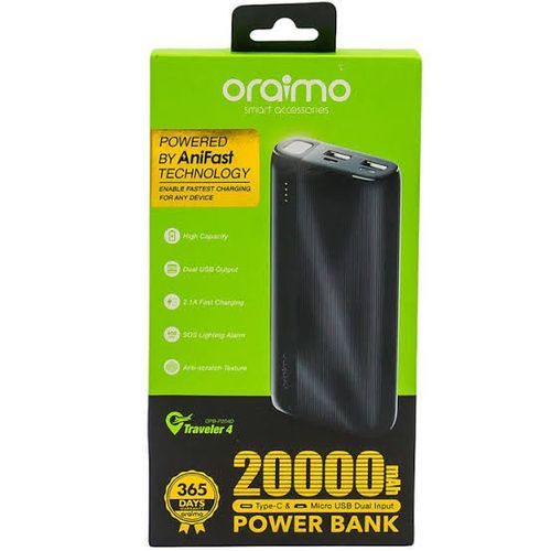Oraimo Traveler 4 20000mAh 2.1A Triple Ports Fast Charging LED Power Bank-Black