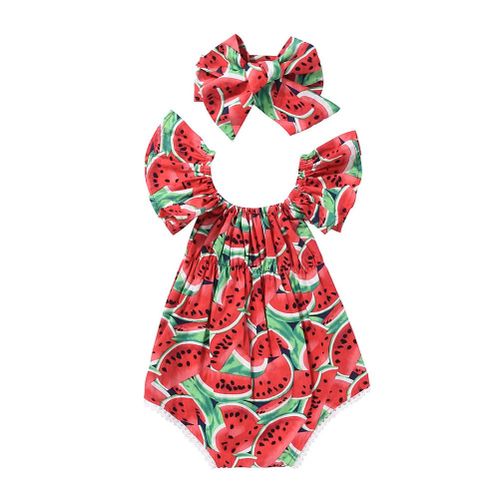 Children Kids Frill Sleeves Red Watermelon Printed Jumpsuit Headband for Summer New,90cm NO5111