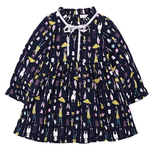 Bow Print Long Sleeve Cute Little Girl Fairy Dress,90 NO5111