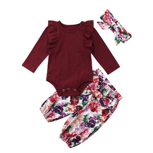 3pcs/set Baby Girls Clothes Jumpsuit+Headwear+Pants Floral Decor Long Sleeves Bowknot New,100cm NO5111