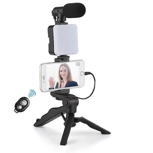 Tripod for Camera Operating Video Recording Vlogging Kit for Video Making, Mic, Mini Tripod Stand, LED Light & Phone Holder Clip for Podcasting With Microphone and And Light For Live Broadcast - Black