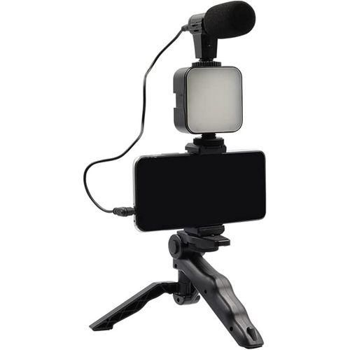 Tripod for Camera Operating Video Recording Vlogging Kit for Video Making, Mic, Mini Tripod Stand, LED Light & Phone Holder Clip for Podcasting With Microphone and And Light For Live Broadcast - Black