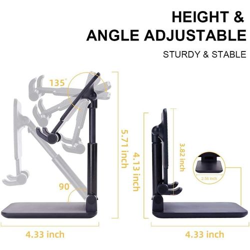 Phone Stand for Desk, Foldable Portable Cell Phone Holder Stand with Weighted Base, Adjustable Angle & Height Cell Phone Stand, Sturdy Phone Holder Metal Desktop Phone Stand