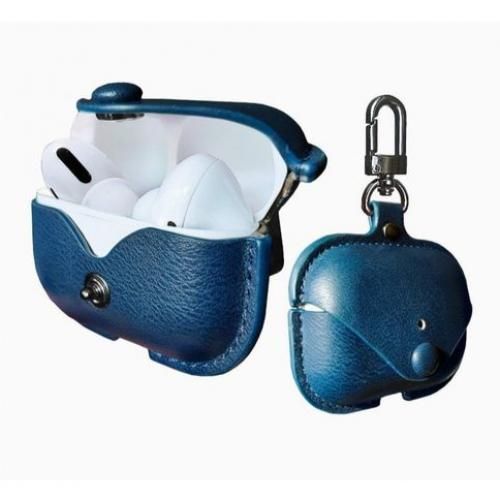 Earbuds Pro Case Cover Leather Case Metal Keychain - Blue