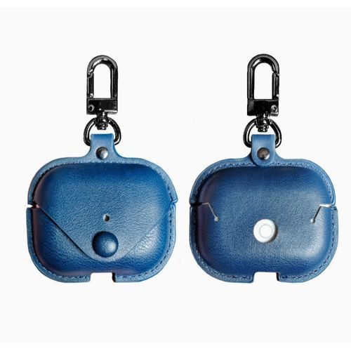 Earbuds Pro Case Cover Leather Case Metal Keychain - Blue