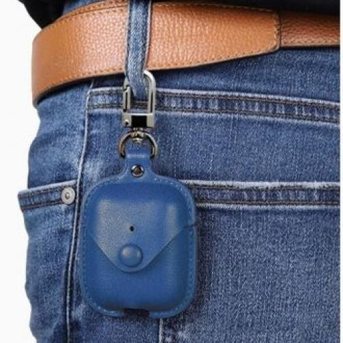 Earbuds Pro Case Cover Leather Case Metal Keychain - Blue