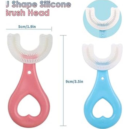 Kids U Shaped Toothbrush,U Shape Toothbrush,U Shape Kids Manual Toothbrush,U-Shaped Training Toothbrushes For Kids 2-6Y,Silicone Bristles Massage Gums,360&deg; All-Round Cleaning- Pink/blue