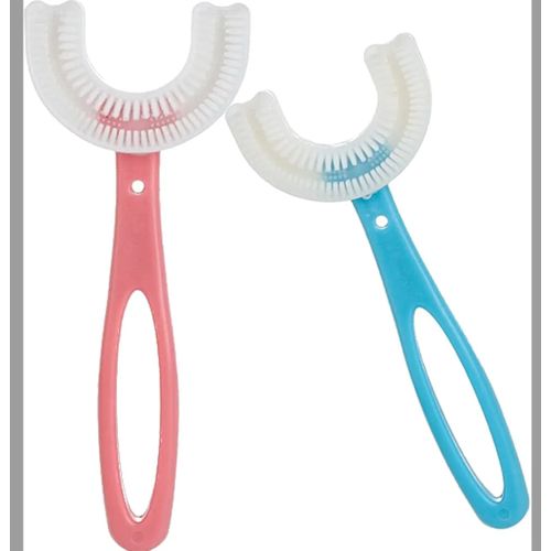 Kids U Shaped Toothbrush,U Shape Toothbrush,U Shape Kids Manual Toothbrush,U-Shaped Training Toothbrushes For Kids 2-6Y,Silicone Bristles Massage Gums,360&deg; All-Round Cleaning- Pink/blue