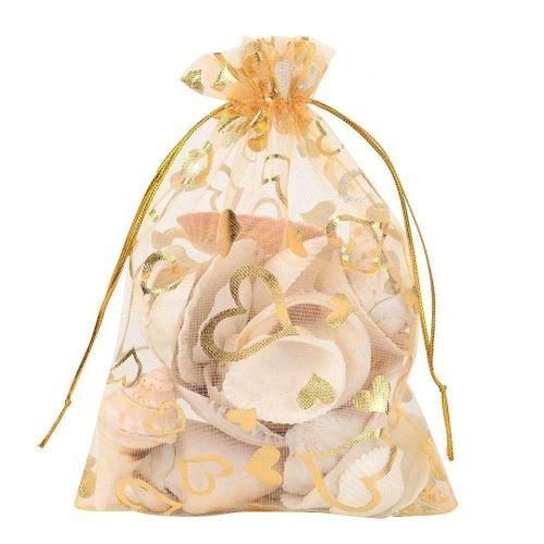 915 Generation 100Pcs 9x12cm Sheer Draw Heart Organza Jewelry Pouches Wedding Party Christmas Favor Gift Bags Gold