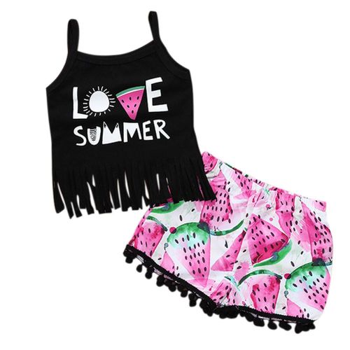 2pcs/set Kid Girls Summer Suit Letter Print Strappy Tassels Hem Watermelon Print Pants New,100cm NO5119