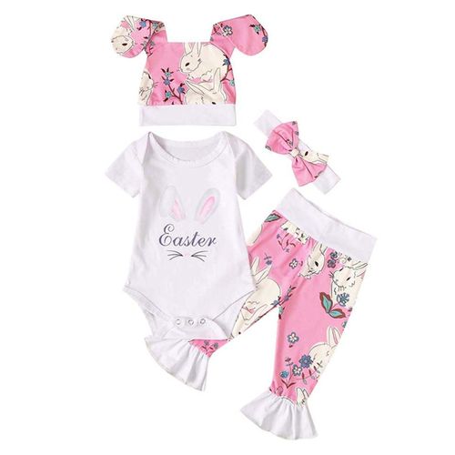 Baby Girl Easter Bunny Print Casual T Shirt  Round Neck Short Sleeve Tops Summer,Rose Red,70cm NO5111
