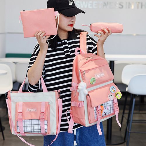 4-piece Girl Backpack Cartoon Canvas Casual School Bag