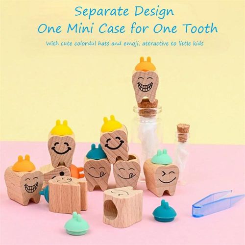 Baby Tooth Box Wooden Tooth Container Teeth Keepsake Box with Lanugo Bottle Wishing Bottle Tweezers for Children Boys Girls NO5137
