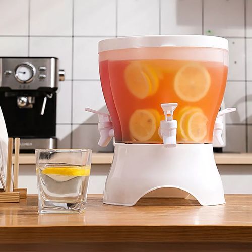Rotating Beverage Dispenser With 3 Compartments And Faucet Juice Jar - White.