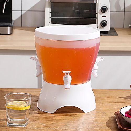Rotating Beverage Dispenser With 3 Compartments And Faucet Juice Jar - White.