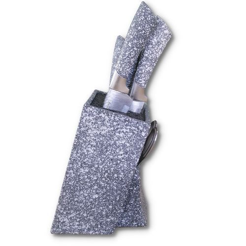 7 Piece Black Dotted Handle Knife Set In Wooden Stand - Grey.