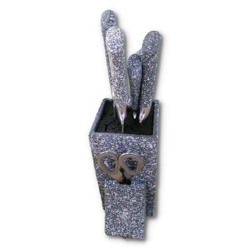 7 Piece Black Dotted Handle Knife Set In Wooden Stand - Grey.