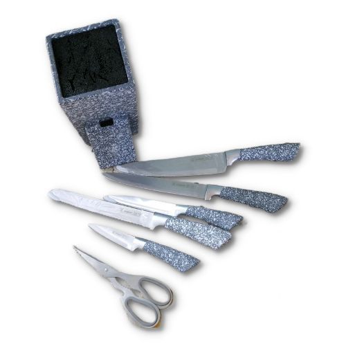 7 Piece Black Dotted Handle Knife Set In Wooden Stand - Grey.