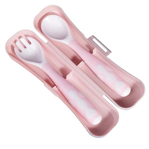 Baby Utensils Spoons Forks Set with Case Bendable Soft Self Feeding Training Spoon for Toddler Babies New,Pink NO5235